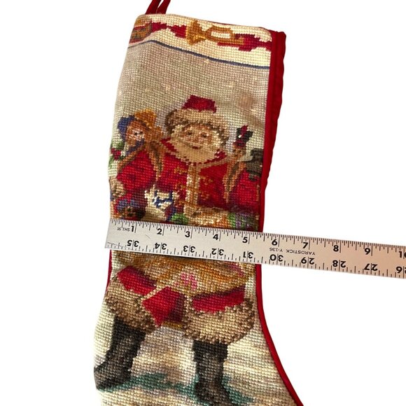 Vintage Needlepoint Christmas Stocking Santa Claus Design & Red Velvet Backing - Picture 5 of 6